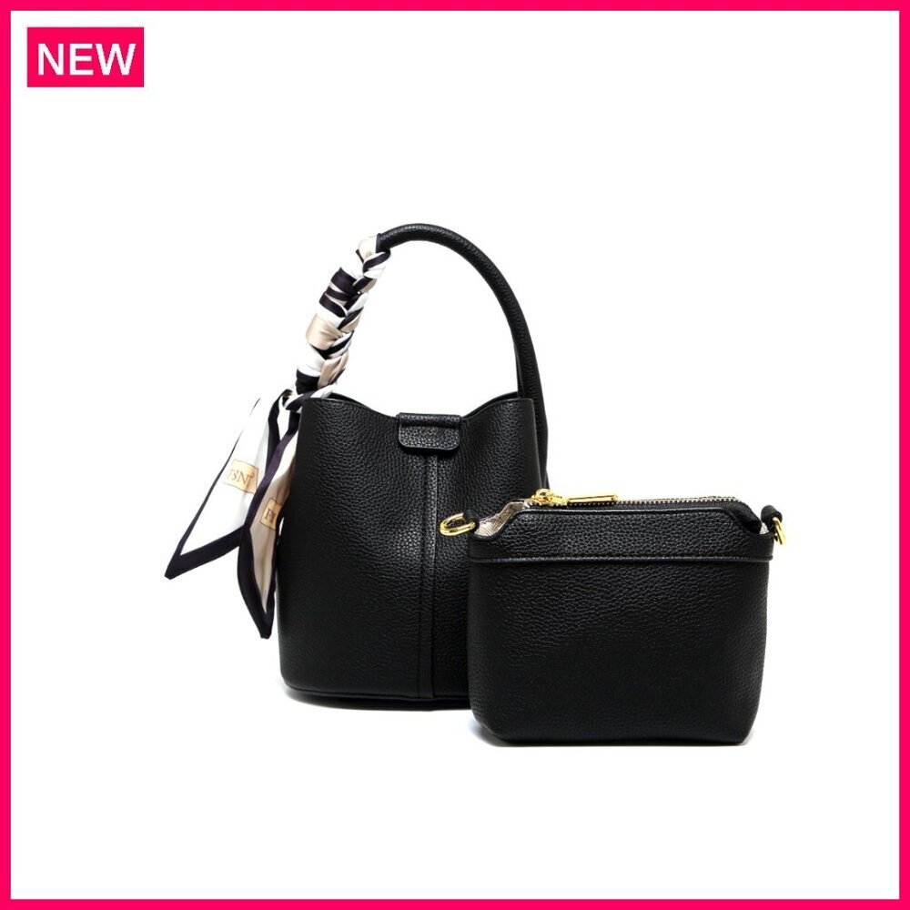 Small Crossbody Bag Mini Bucket Style Synthetic Leather with Scarf